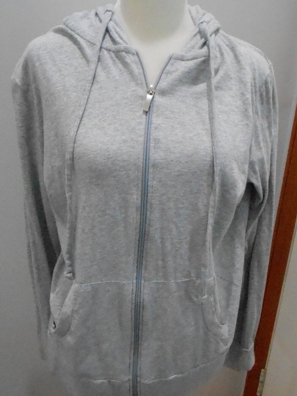 Sofra Women's Activewear Lt Gray Full Zip Lightweight Hoodie Kanga Pouch Size-XL